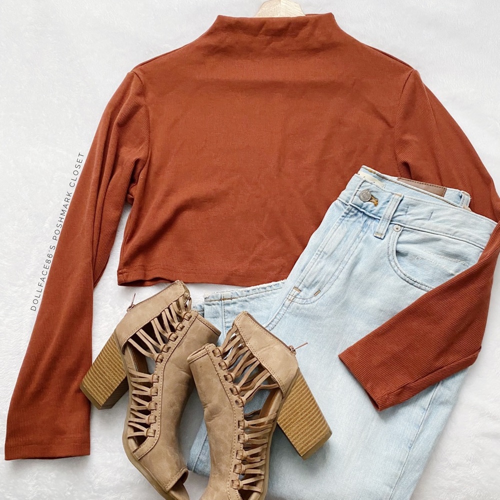 Burnt Orange Mock Turtleneck Ribbed Crop Top